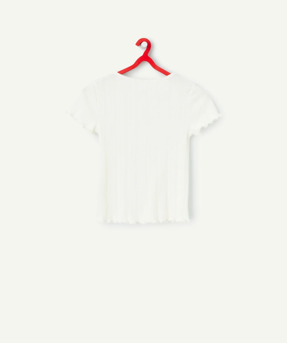 T-SHIRT TRICOT FILLE EN COTON BIO CÔTELÉ ÉCRU AVEC FESTONS