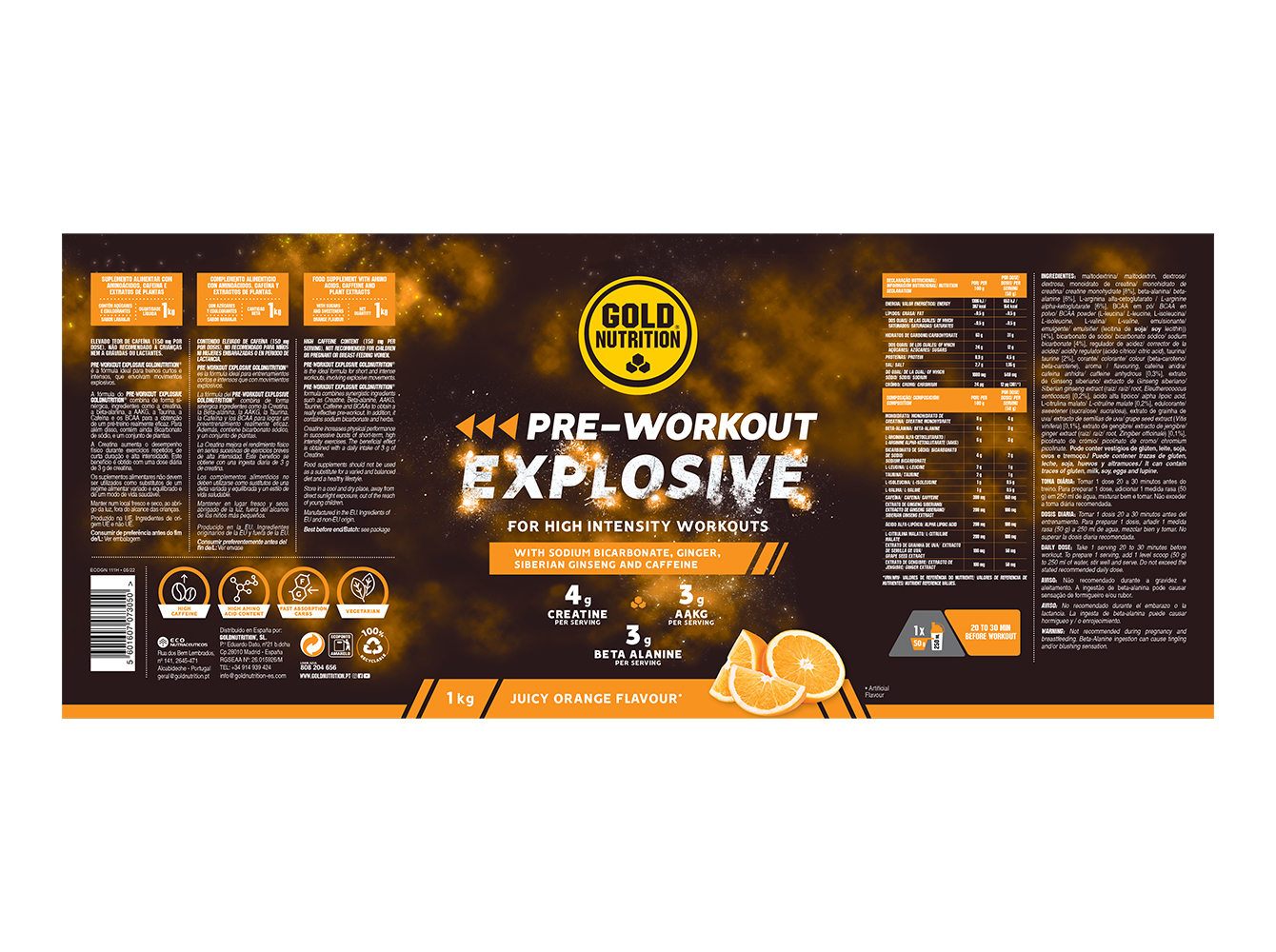 SUPLEMENTO GOLDNUTRITION PREWORK EXPLOSIVE LARANJA 1KG