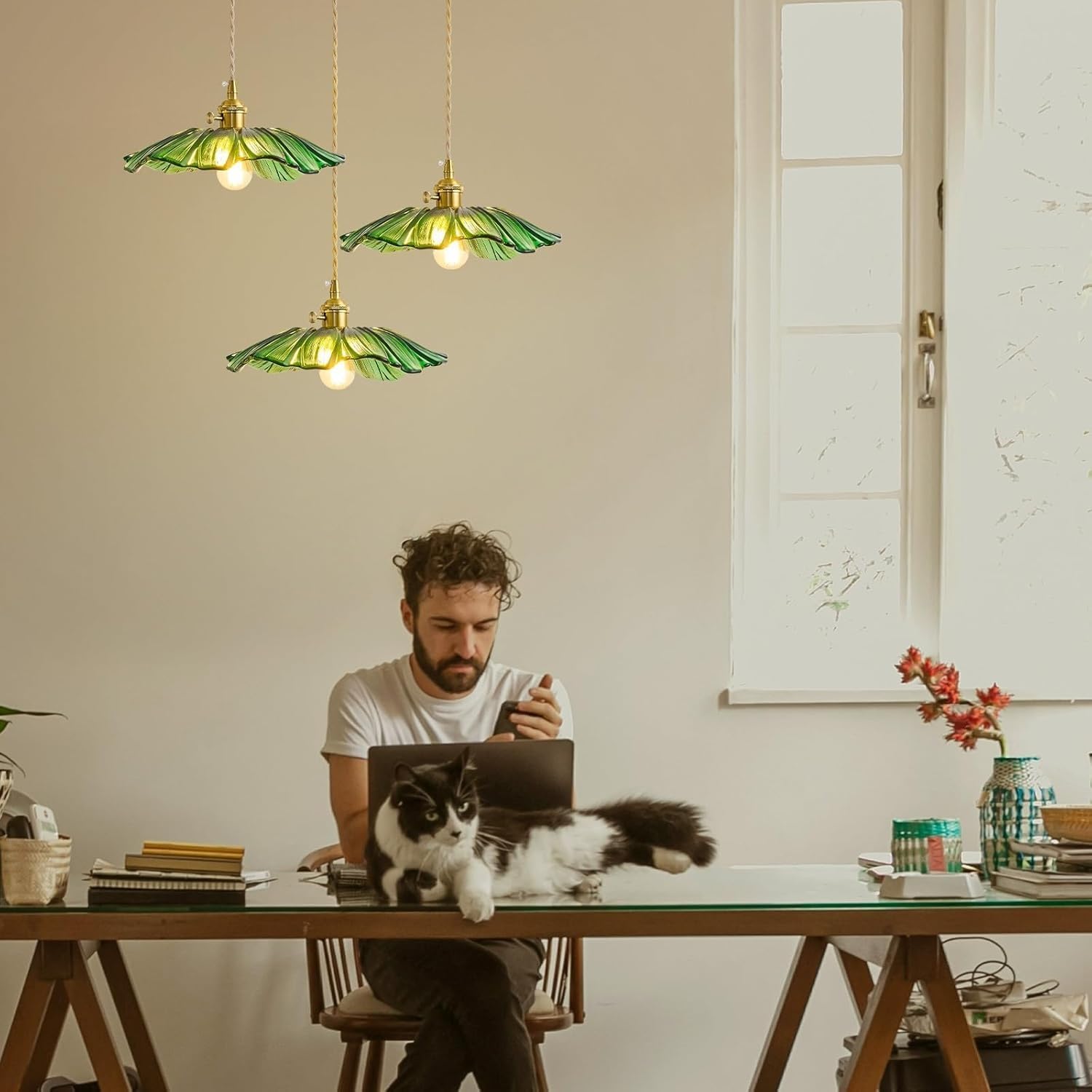 Pendelleuchte grünes Glaslicht Kücheninselleuchten Esszimmerleuchte Kronleuchter Blume DREI Lichter für Schlafzimmer Küche Flur grüne Sonnenblumenform verstellbar Hängeleuchte