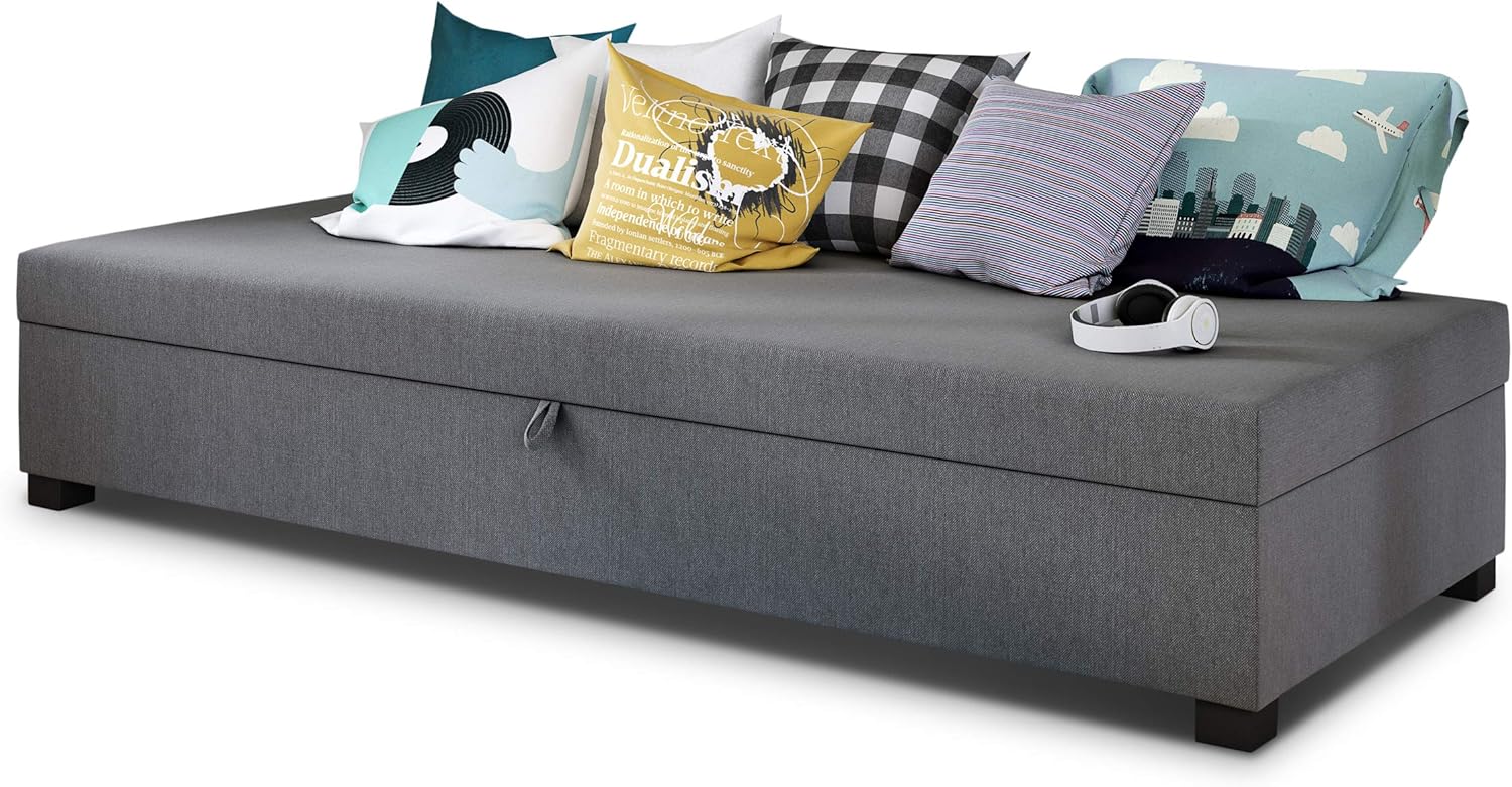 Einzelbett Misti - Sofa mit Bettkasten, Schlafsofa, Bettsofa, Farbauswahl, Bettgestell, Komfortbett, Bett für Jugendzimmer, Schlafmöbel (Grau (Lux 05))