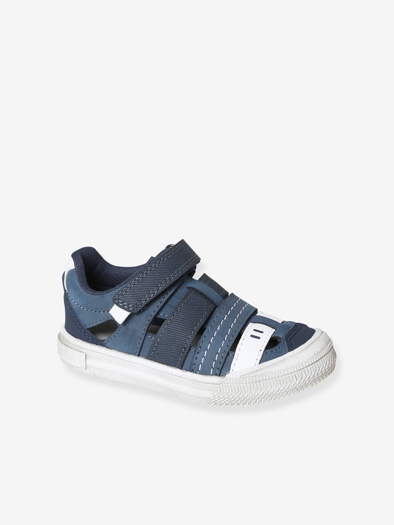 Sandálias infantis com fecho de velcro, modelo especial para maior independência, azul escuro, bicolor/multicoloridas