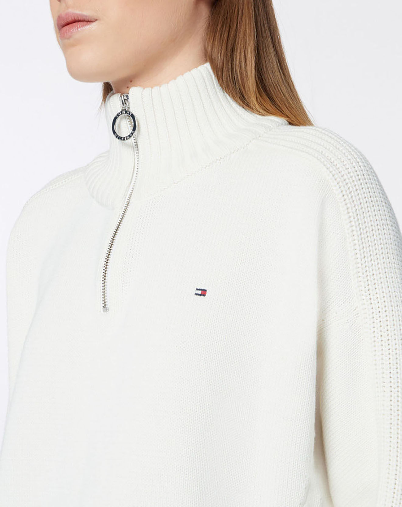 Tommy Hilfiger Pull 100% Coton Bio col zippé écru