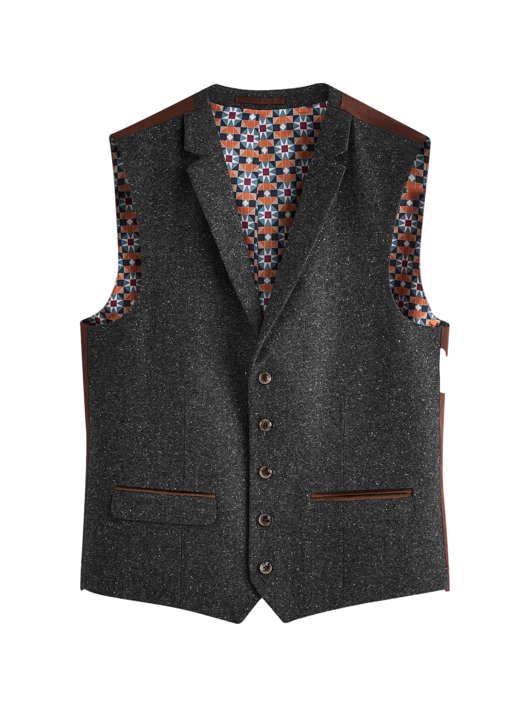 Antraciet - Regular Fit Wollen Blend Getrimd Kostuum Waistcoat