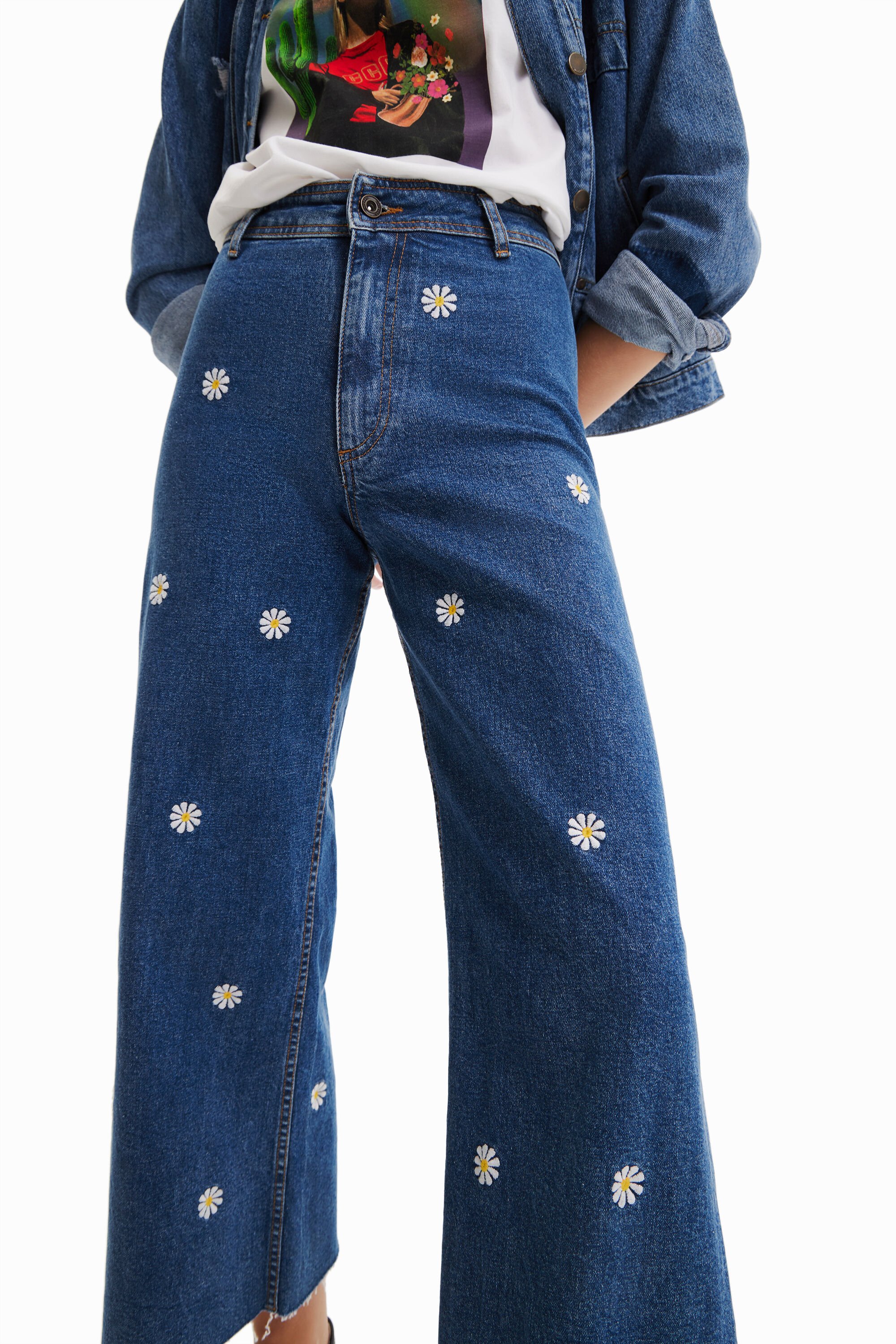 Jupe-culotte en jean marguerites