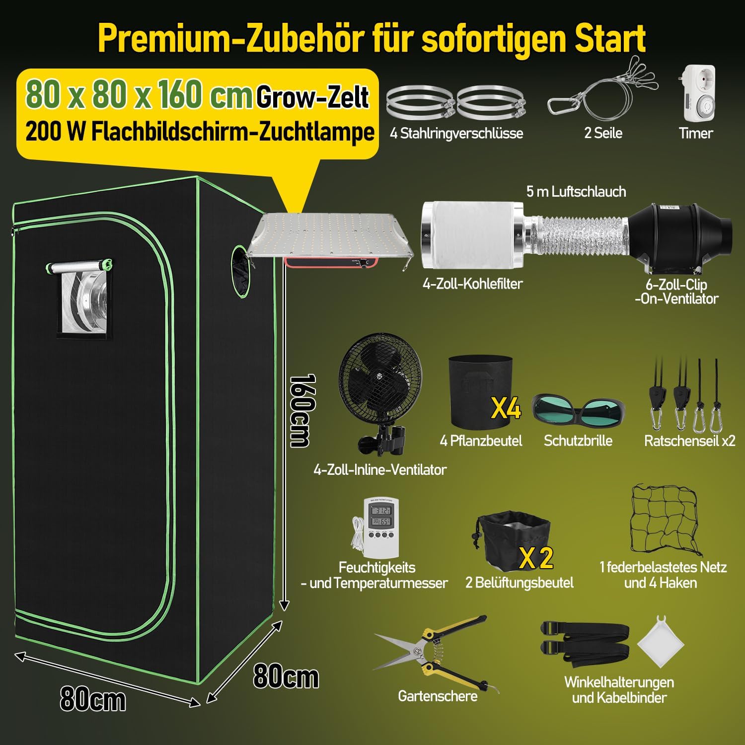 Growzelt Komplettset 80x80x160cm mit 200W Flach LED Grow Lampe, Belüftungssystem mit Aktivkohlefilter, Indoor Pflanzenzelt