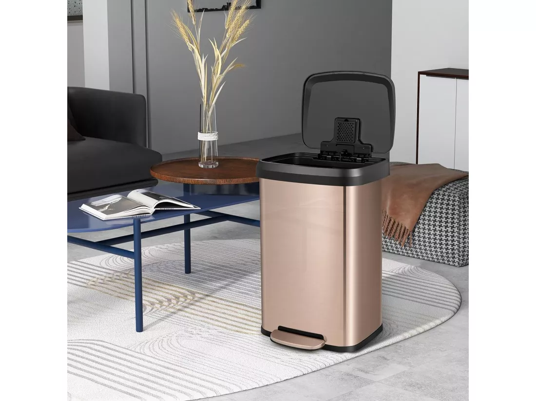 Poubelle Cuisine 50 Litres en Acier Métal, Poubelle Rectangulaire Pédale Amortisseur, Casier Désodorisant, Couvercle Fermeture Douce, Anti-Empreintes, pour Bureau, Salle de Bain (Or rose)