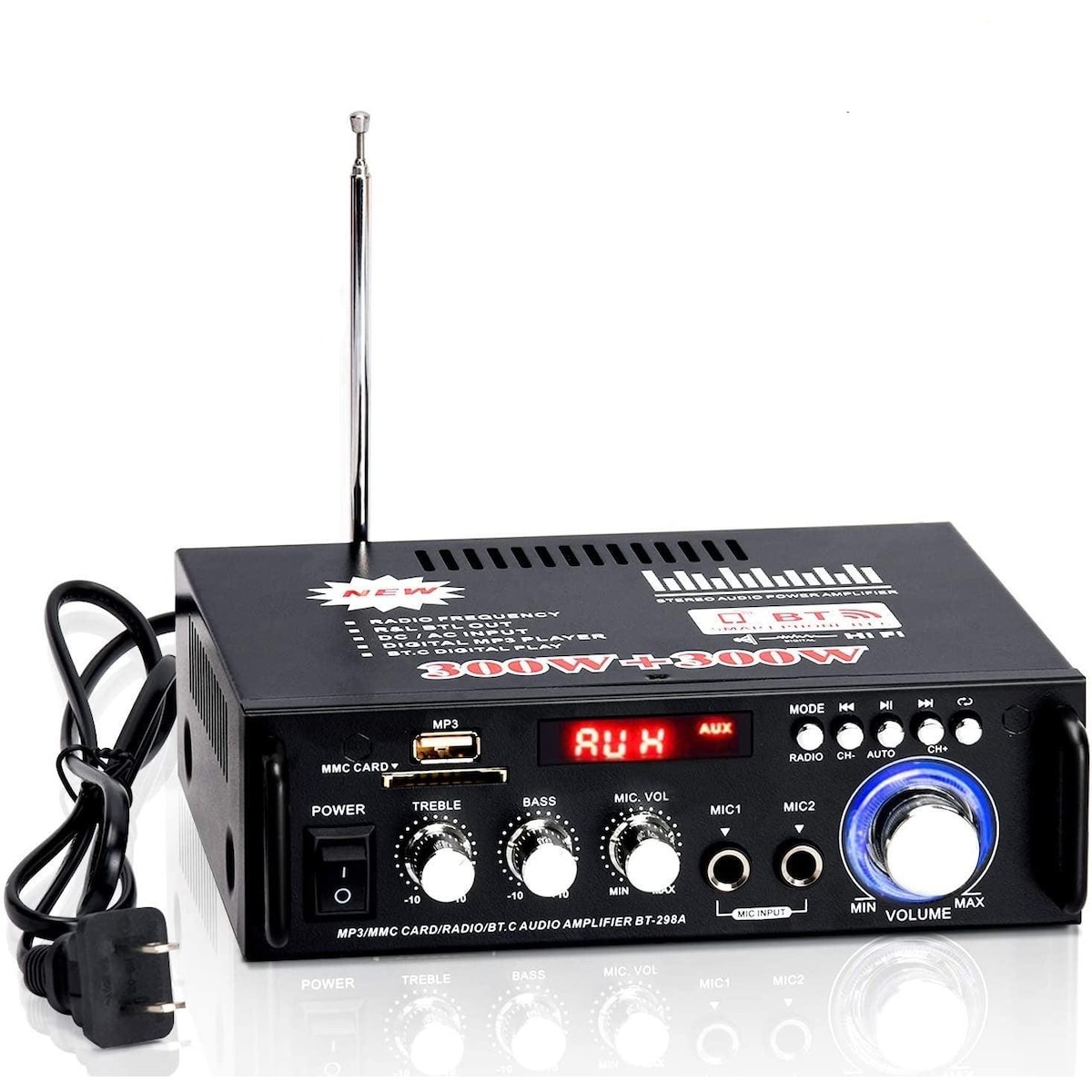 NÖRDIC Bluetooth 5.0 Stereoforsterker 2x40W AUX / USB / BT Lydforsterker med FM 2xMIC inngang