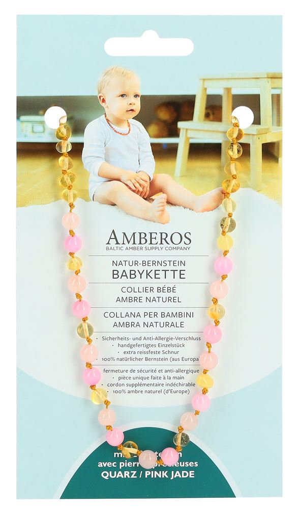 AMBEROS Natur Bernsteinkette mit Edelsteinen Baroque Lemon Quartz Pink Jade 1 Stk