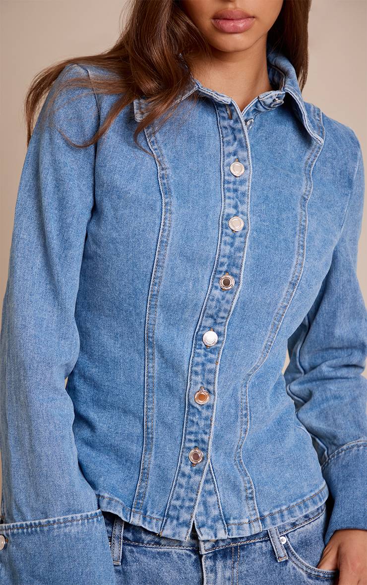 Mid Blue Wash Chemise En Jean À Manches Longues Avec Taille Froncée