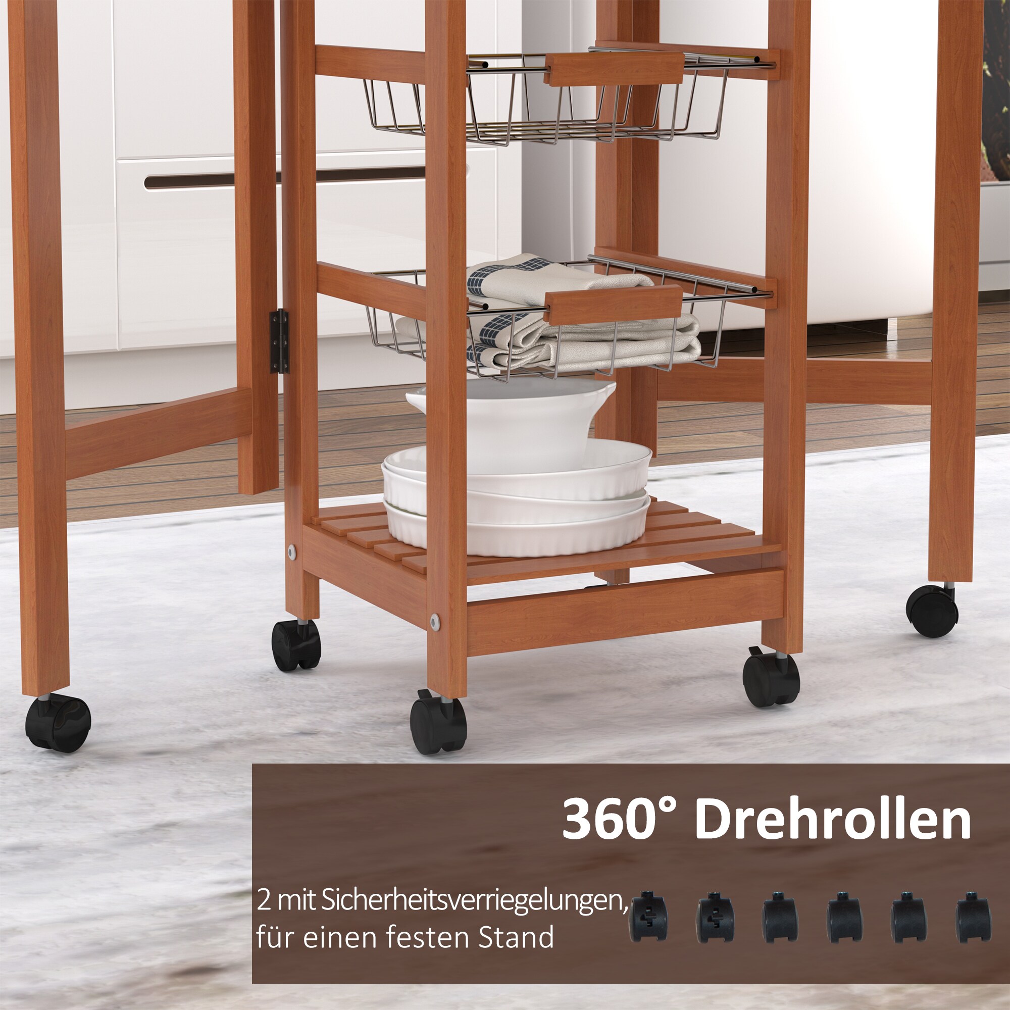 HOMCOM Servierwagen mit Schubladen natur 92 x 37 x 75 cm (LxBxH)