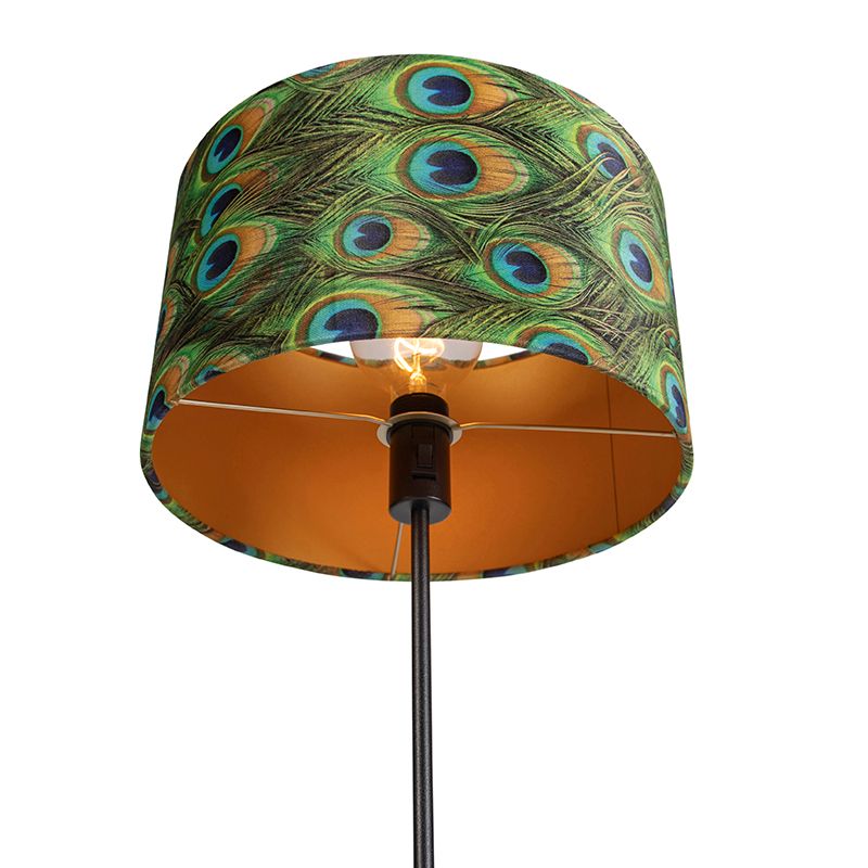 Zwarte vloerlamp met velours kap pauw met goud 35 cm - Parte