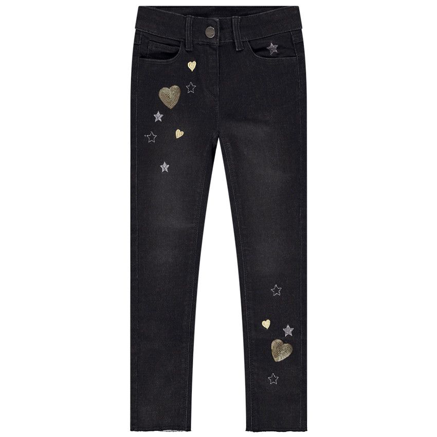 Jean skinny avec broderies et patchs sequins pour fille - Noir