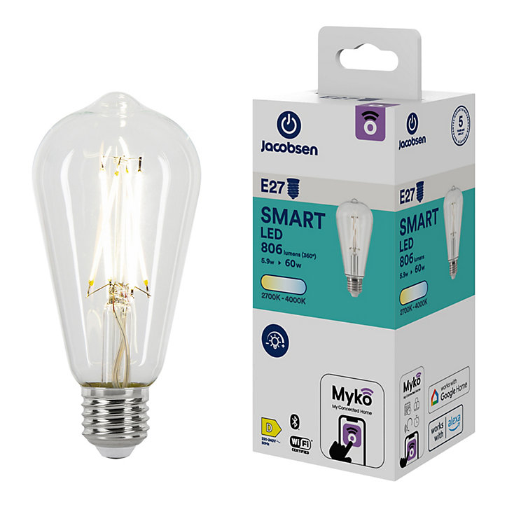 Ampoule LED connectée Myko E27 Edison à filament 806lm=60W variation de blancs Jacobsen transparent