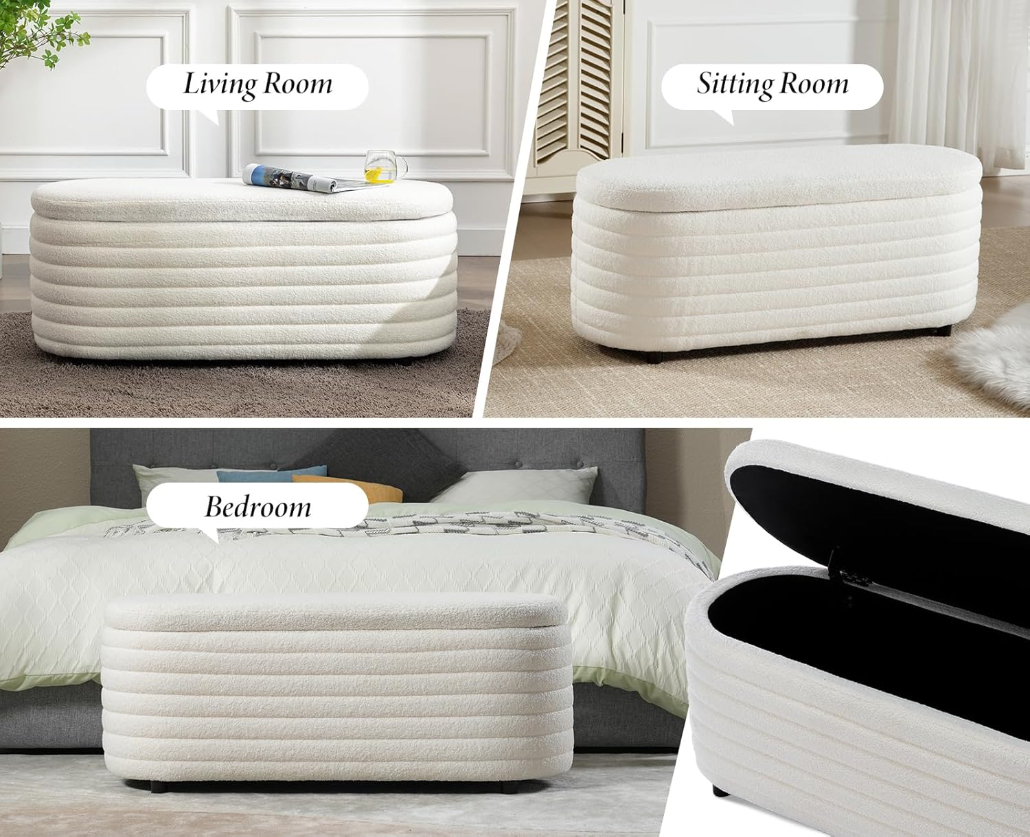 Sitzbank mit Stauraum, Moderne Sitztruhe aus Teddystoff Polsterbank Aufbewahrungsbox für Schlafzimmer, Flur oder Wohnzimmer, Weiß