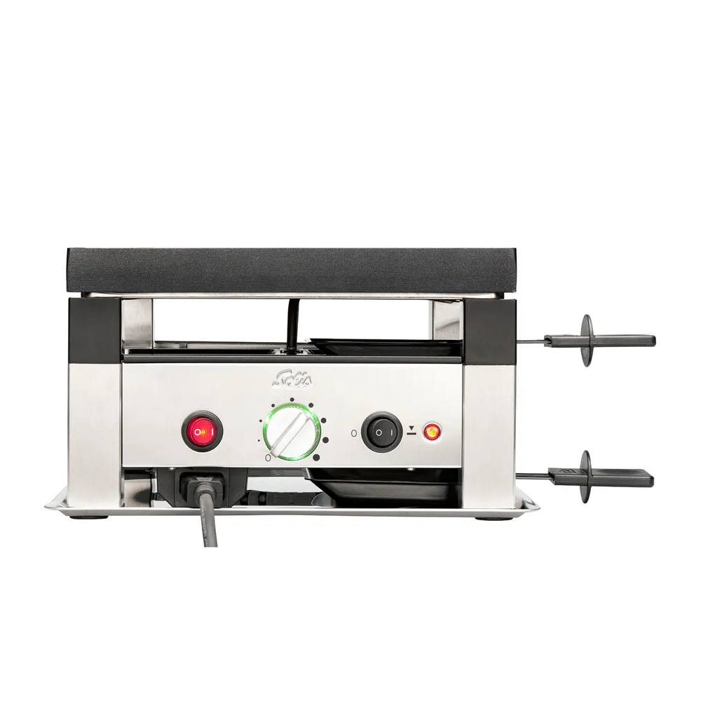 4in1 Raclette & Pizza Grill Crêpes Tischgrill mit Anti-Haft Platte inkl. Pfännchen / Schaber / Pizzateig Ausstecher (97760)