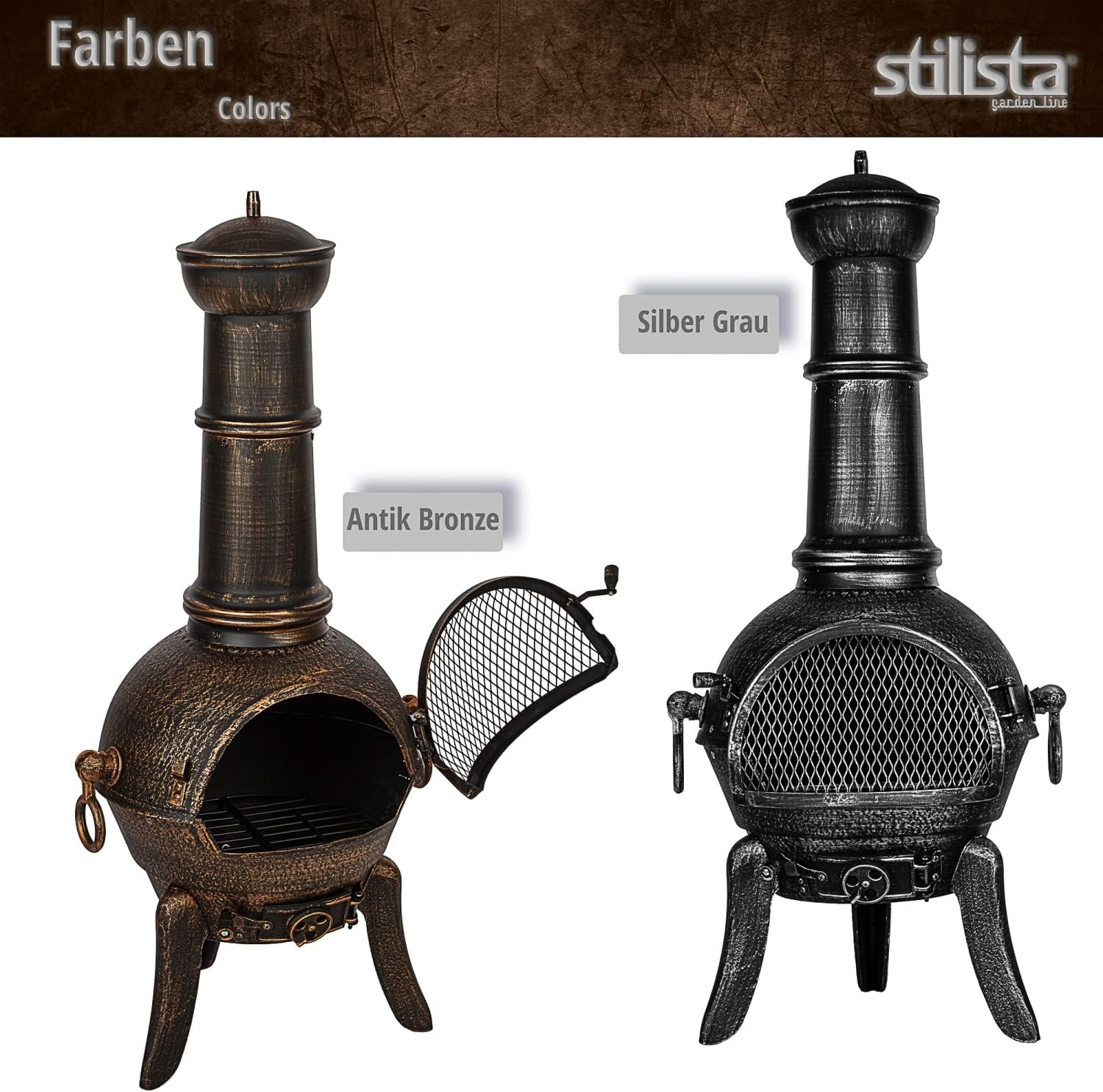 STILISTA® Terrassenofen 112 cm aus Gusseisen mit Funkenschutz und Schürhaken, Silber Grau
