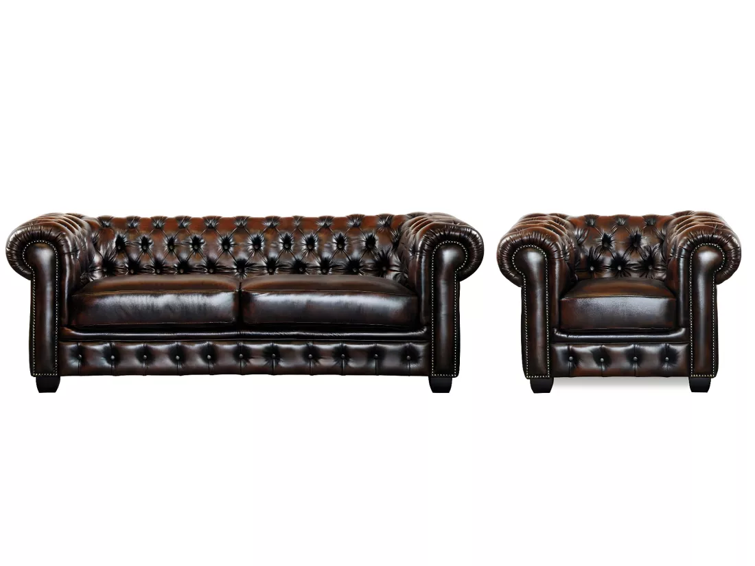 Canapé chesterfield 3 places et un fauteuil BRENTON 100% cuir de buffle - Marron reflets châtains
