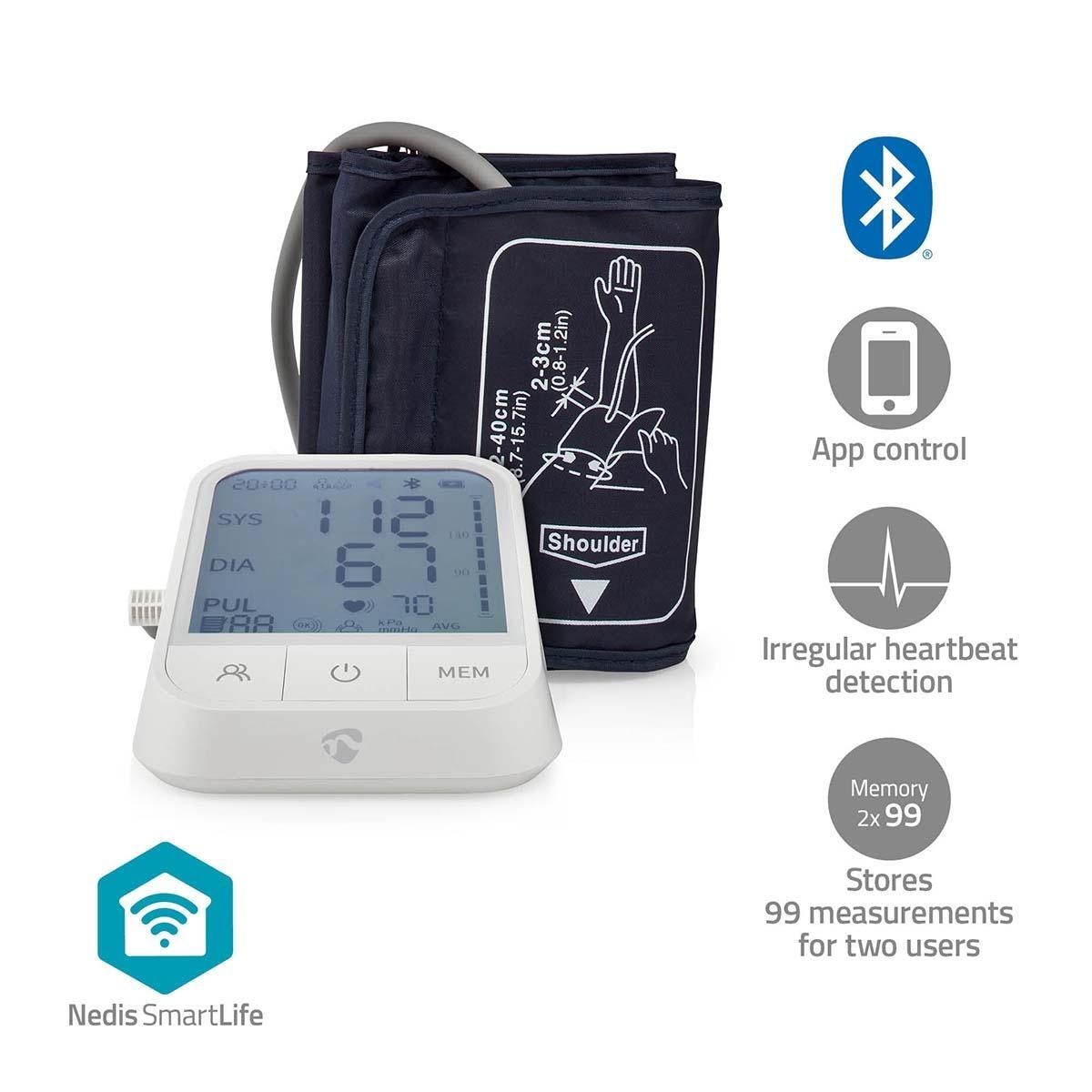 Nedis Smartlife Blodtrykksmåler | Væpne | Bluetooth | LCD-Skjerm | 22 - 42 cm | Deteksjon av uregelmessig hjerteslag / Deteksjon for mansjettbruk / Hold fortsatt indikasjon | Hvit
