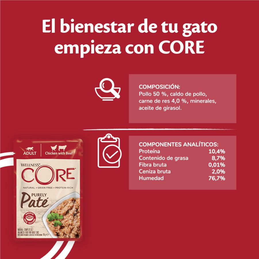 Sachê de 85g de patê Wellness Core Adult, sabor puro de frango e carne bovina, para gatos.