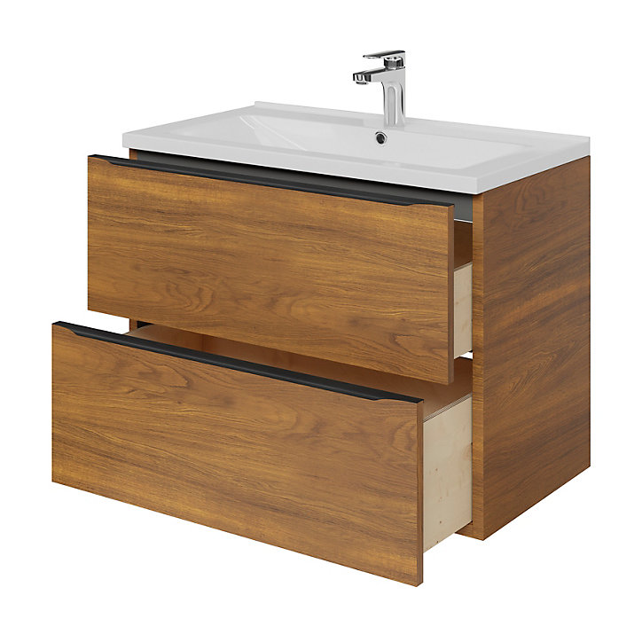 Ensemble salle de bains l.80 cm meuble à suspendre Imandra décor noyer + plan vasque céramique blanc