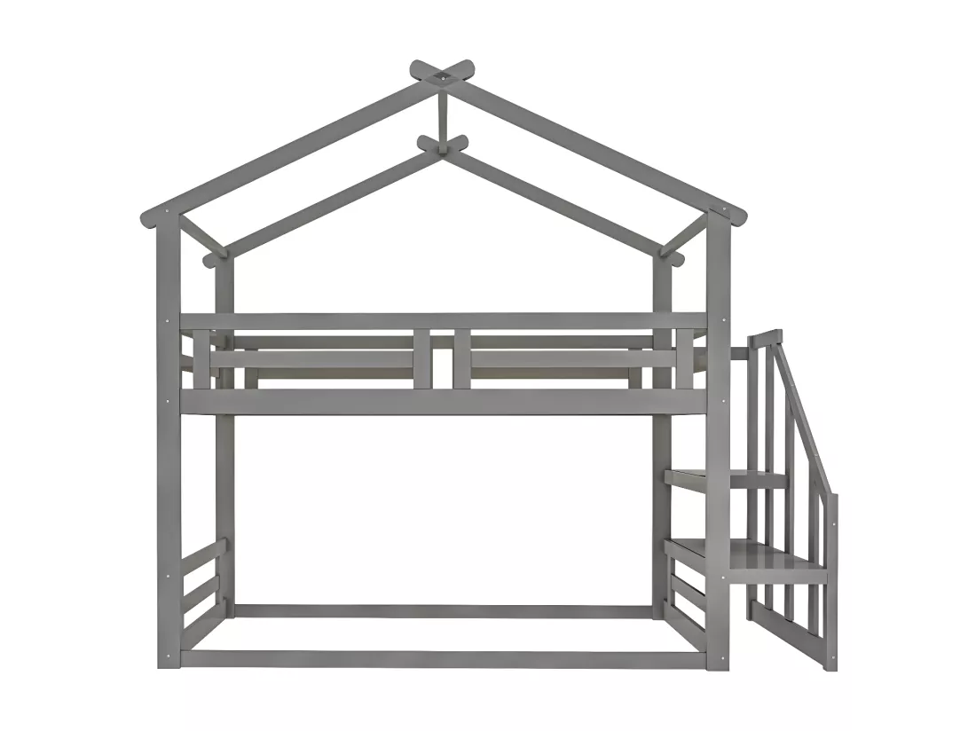 Lit d'enfant 90 * 200cm, lit superposé inférieur avec escalier de sécurité, cadre de lit superposé en bois massif, gris