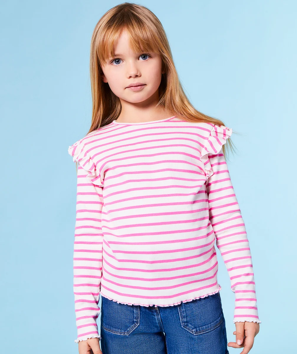 T-SHIRT CÔTELÉ FILLE EN COTON BION RAYÉ ROSE ET VOLANTS