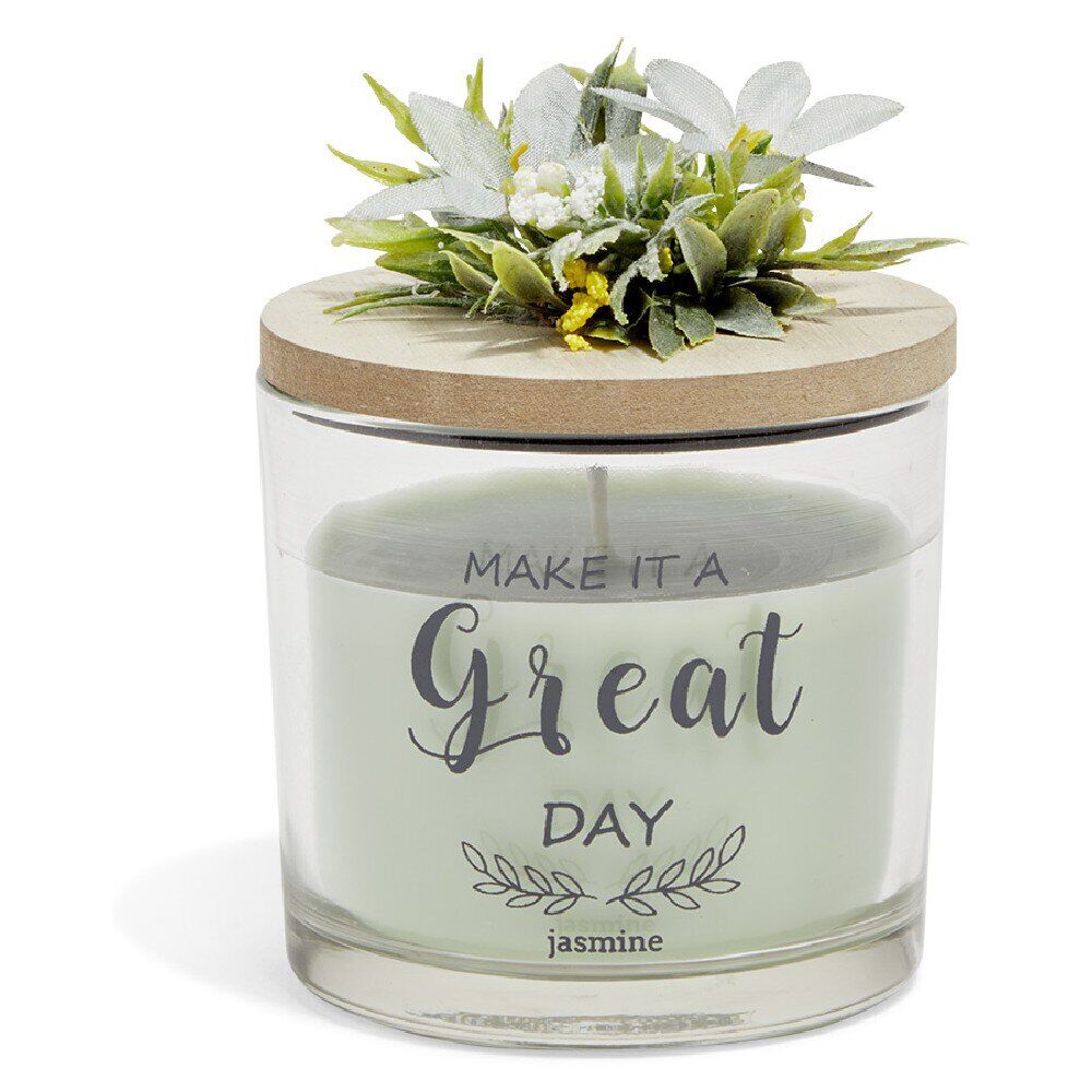 Bougie parfumée dans verre couvercle bois fleur message