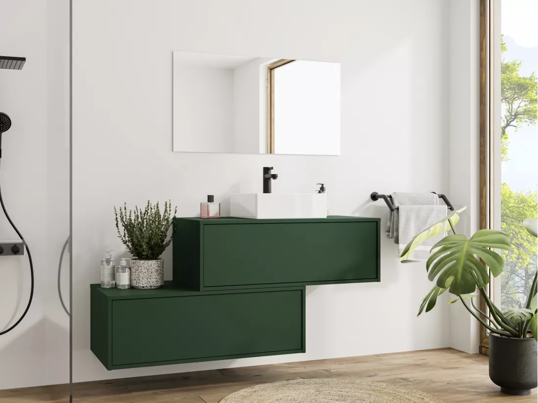 Meuble de salle de bain suspendu vert mat avec simple vasque carrée et deux tiroirs - 94 cm - TEANA II