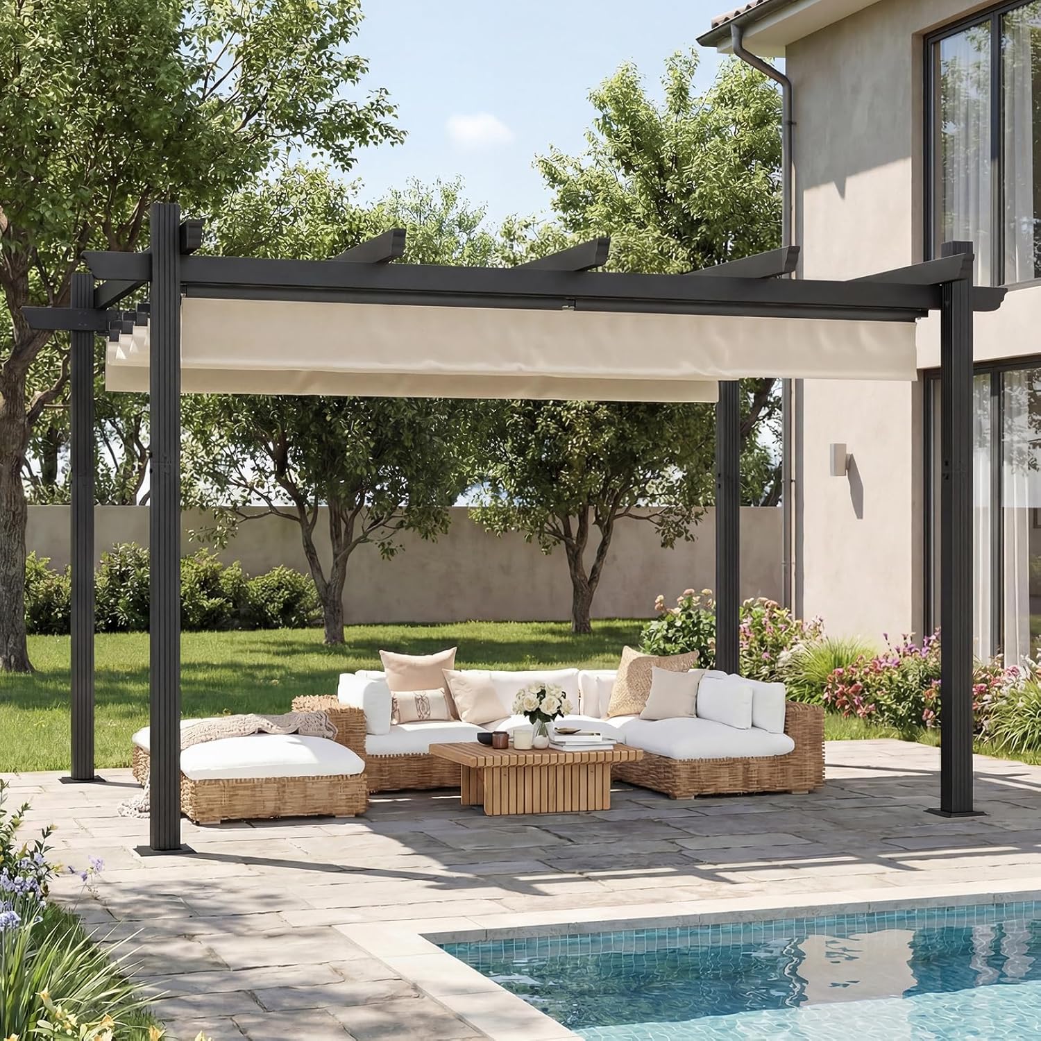 Pergola Pavillon 3x4m wasserdicht stabil Winterfest, Gartenpavillon Aluminium mit Schiebedach, Sonnenschutz für Garten Terrasse & Balkon, Beige