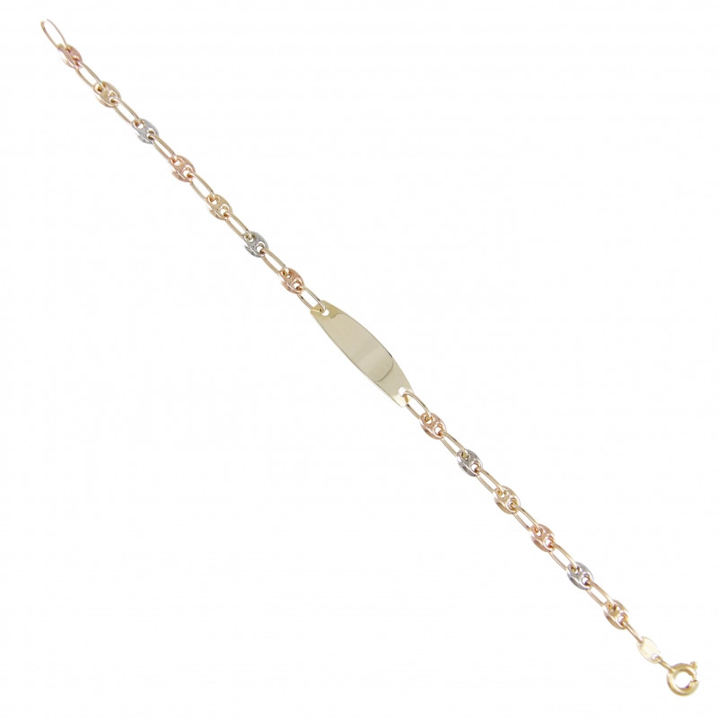 Bracelet Enfant Or Tricolore - Jaune, Blanc, Rose - Gourmette Identité - Maille Grain de Café - Personnalisable