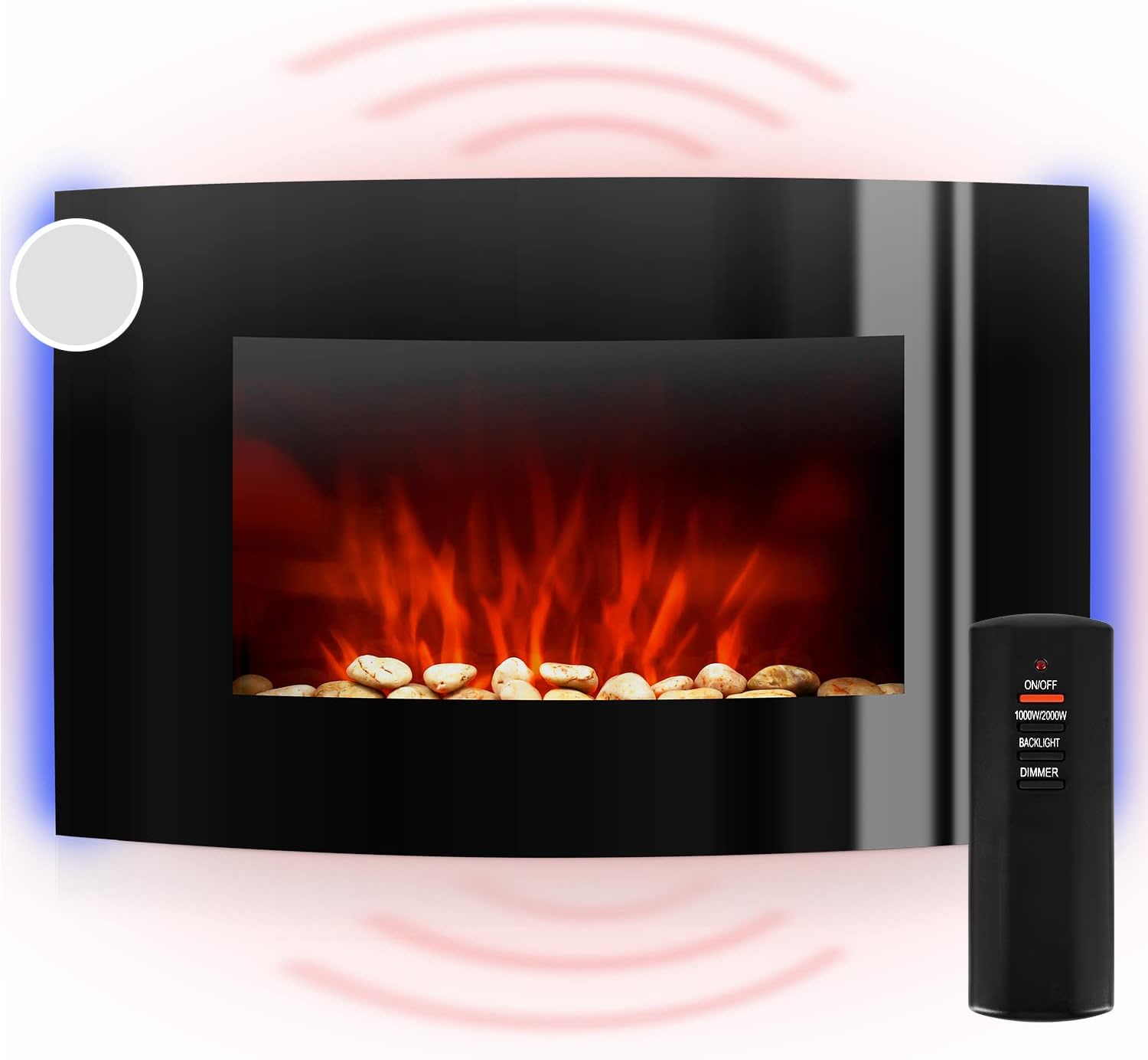 Klarstein Lausanne Elektrokamin - Kamin elektrisch, Elektro Kamin mit Flammensimulation, LED, geräuscharm, Dimm-Funktion, Fernbedienung, Wandmontage, 1000/2000 W Leistung, horizontal, schwarz