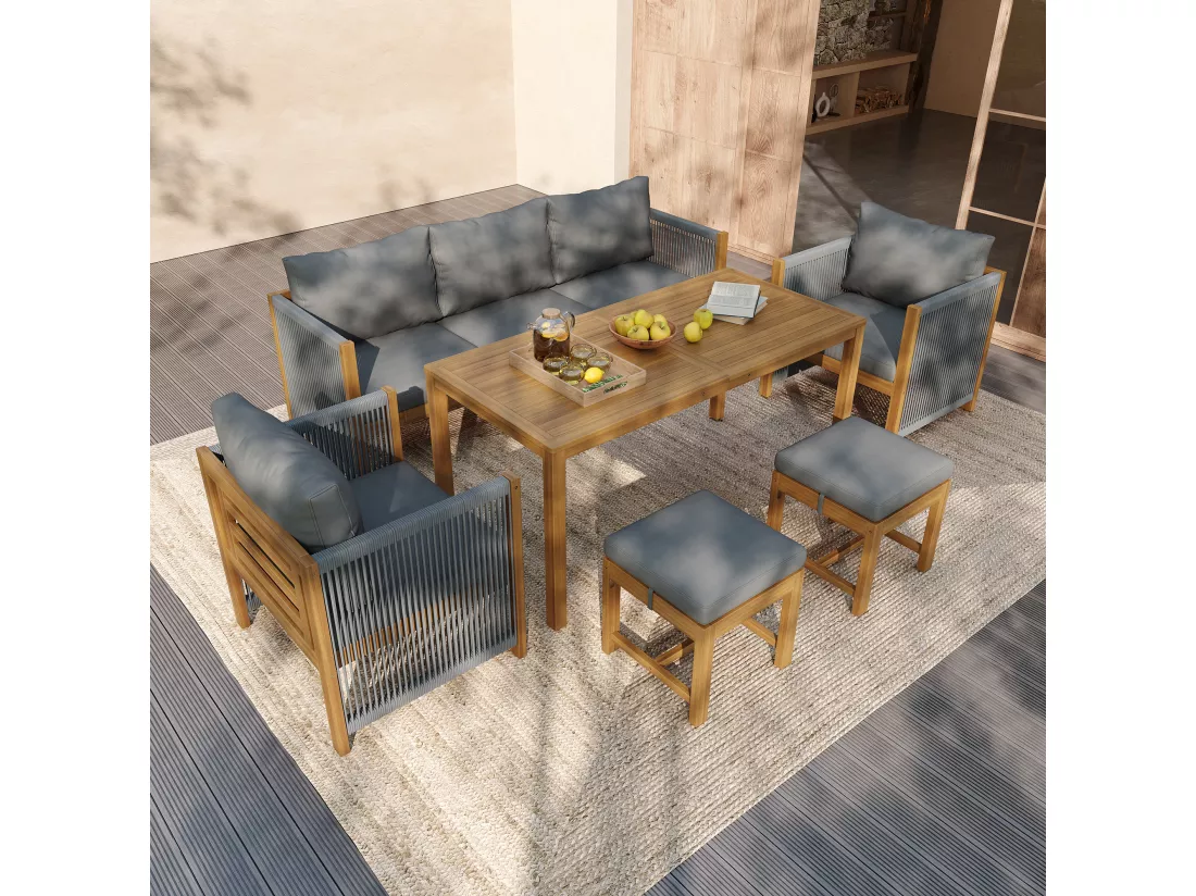 Salon de jardin modulable acier galvanisé 7 places- canapé 3 places et 2 canapé simples + table bass et 2 tabourets - gris