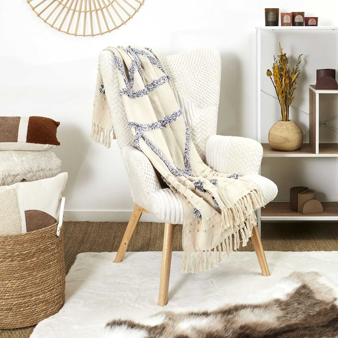 Home Deco Factory Plaid tufté à franges blanc/gris - 125x150 cm
