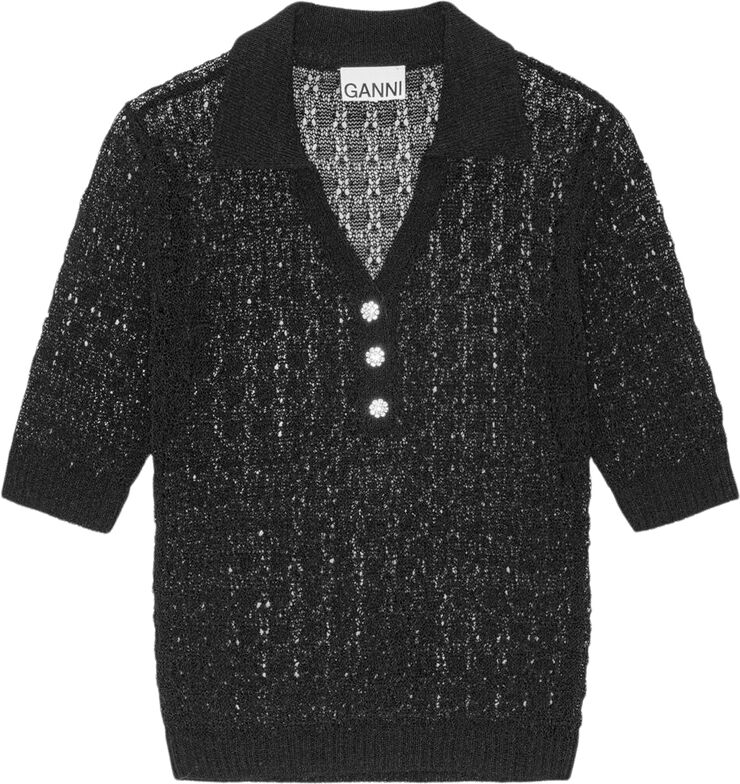 Ganni Shiny Pointelle Knit Short Sleeve P Black