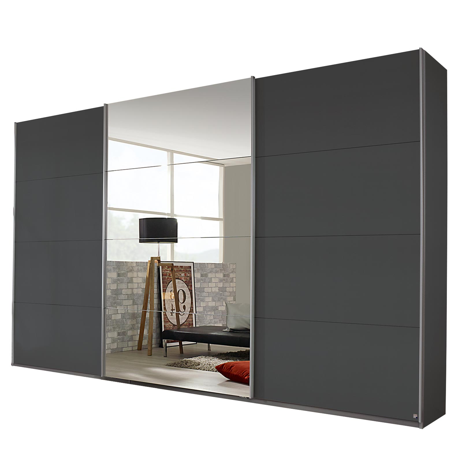 Schwebetürenschrank grau metallic - mit Spiegel - 360x229 cm
