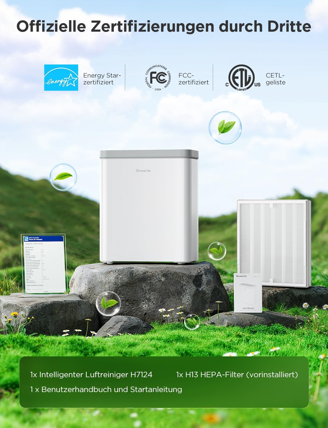 GoveeLife Smart Luftreiniger für große Räume bis 97 m², PM2.5-Monitor, HEPA-Schlafmodus, 3-in-1 Luftreinigungsfilter mit App- und Alexa- Steuerung für Tierhaare, Pollen, Perfekt für Allergiker