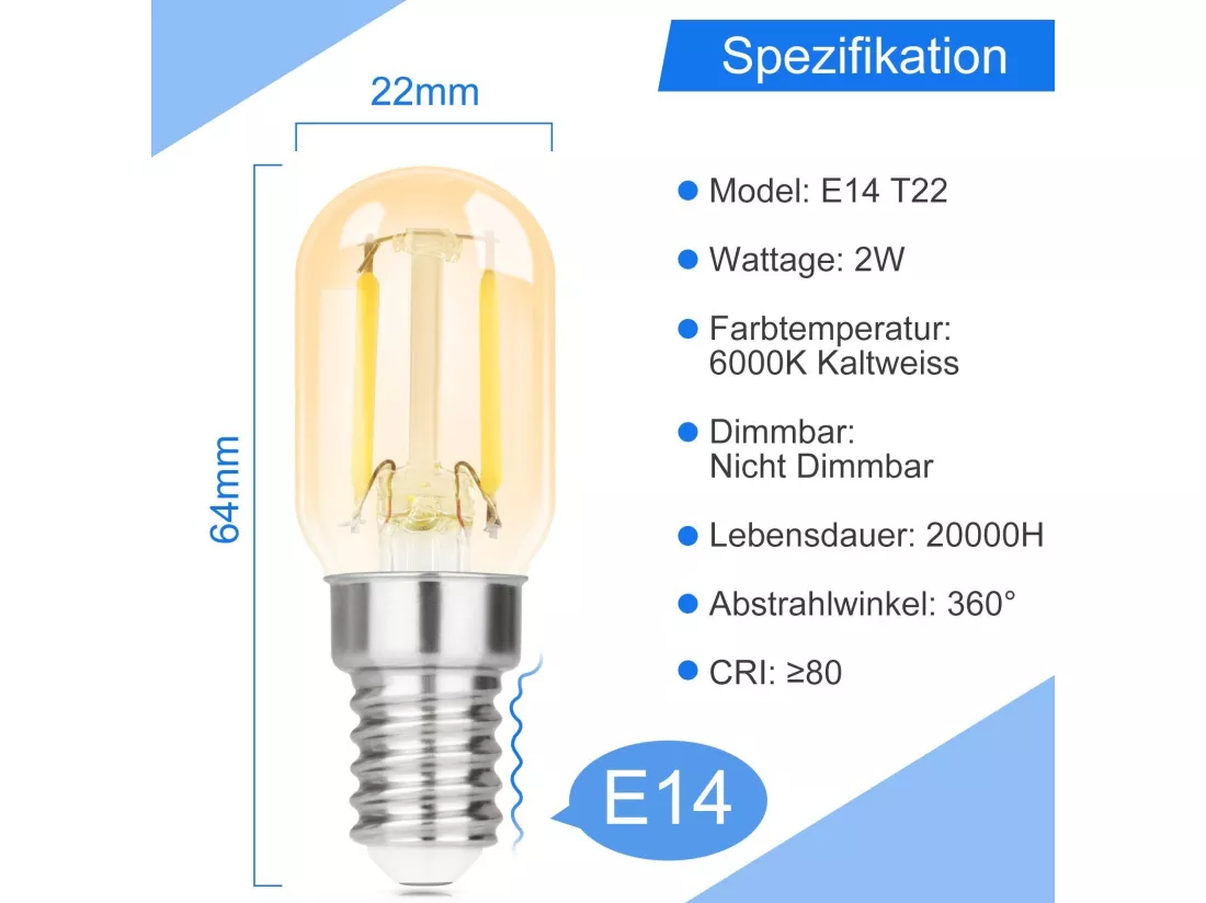 NETTLIFE pack de 2 E14 LED blanc froid T22 vintage LED 2W rétro 6000K lampe à économie d'énergie E14 non dimmable