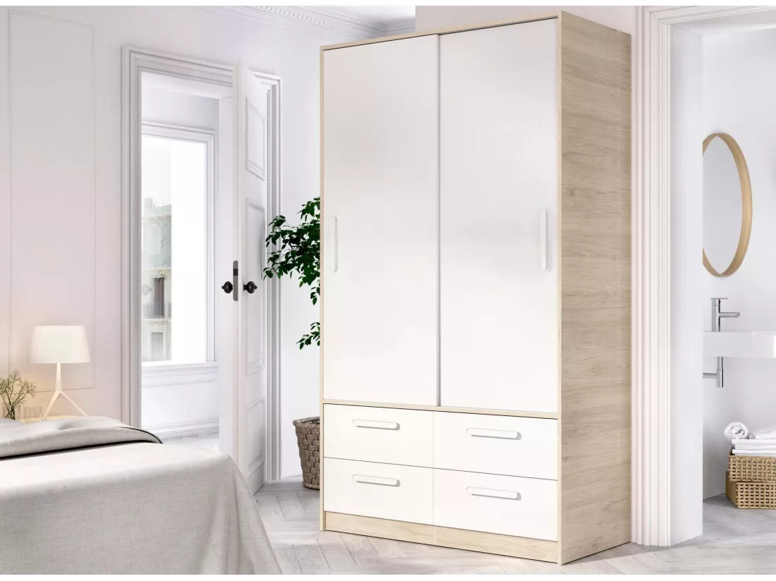 Garde-robe 2 portes Dbradle, Meubles de chambre, Penderie de plain-pied, Placard à vêtements, 120x60 h204 cm, Blanc et Chêne clair