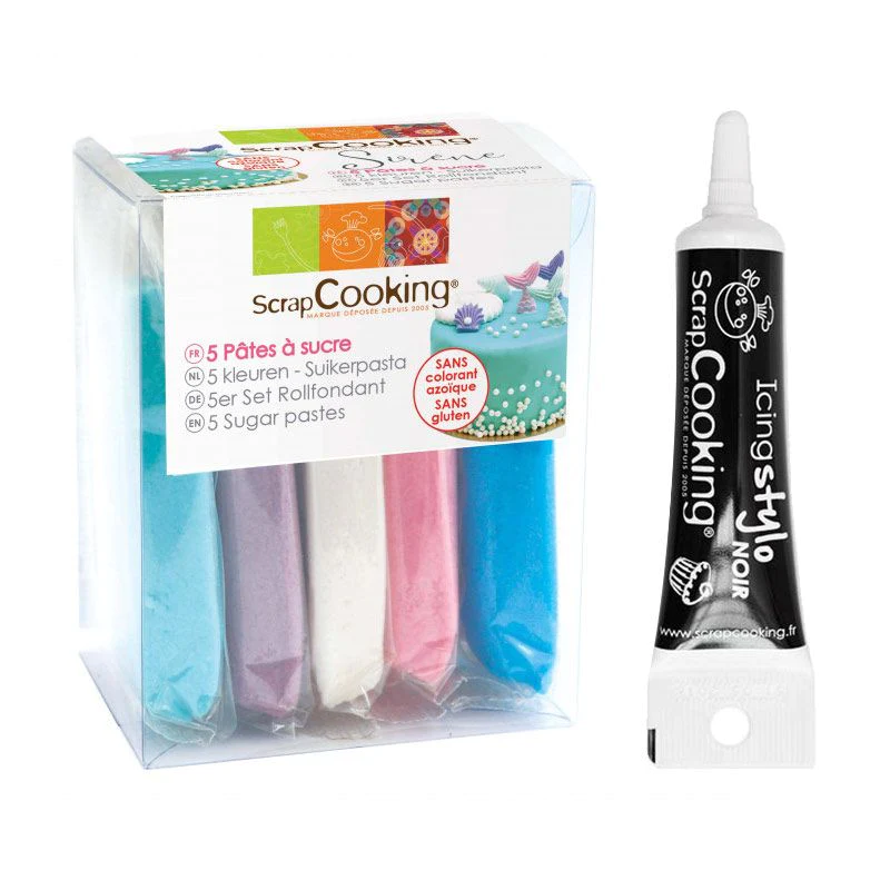 5 pâtes à sucre Sirène 80 g + Stylo de glaçage noir Scrapcooking