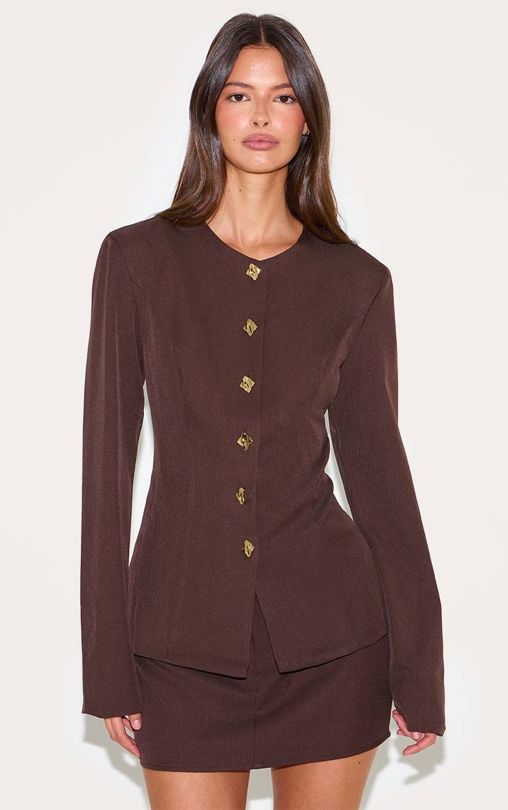 Deep Chocolate Blazer Chocolat À Taille Cintrée Et Finitions Dorées