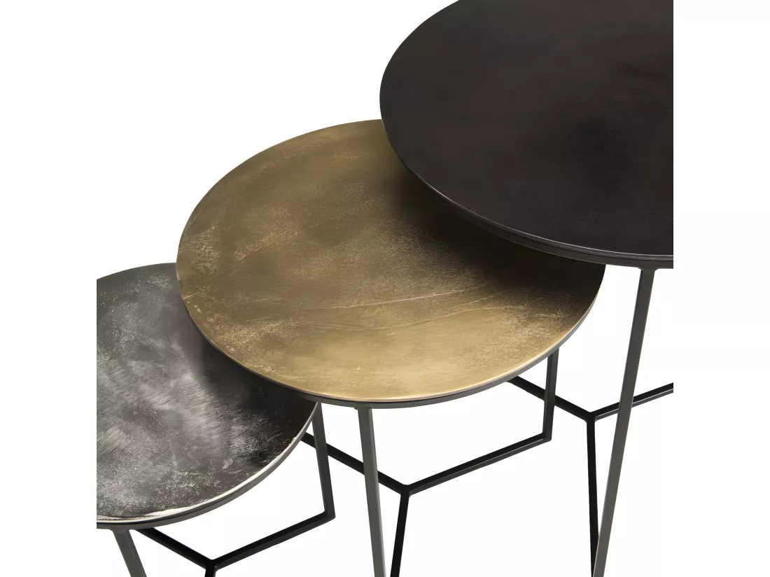 JONAS - Set de 3 tables gigognes rondes aluminium noir doré argenté - pieds métal noir