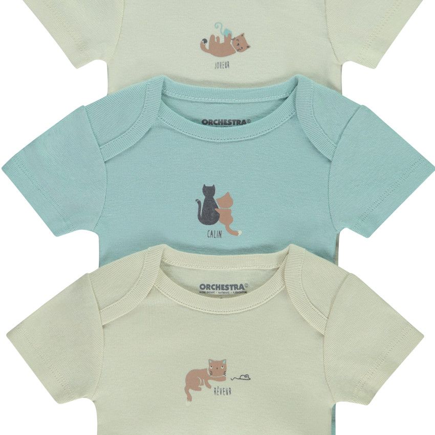 Lot de 7 bodies manches courtes print chat pour bébé - Ecru