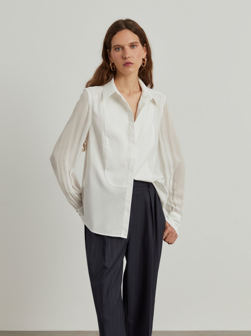 Camisa mangas transparentes em liocel e algodão