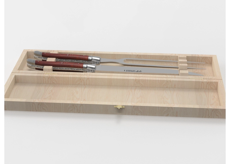 Service à viande Laguiole avec un manche en loupe d'amboine et mitres en acier inoxydable