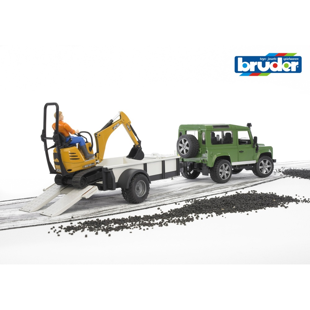Bruder Land Rover Defender mit Anhänger, JCB-Bagger und Arbeiter