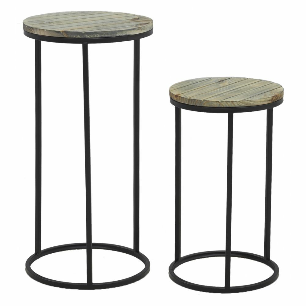 Sellettes en métal noir et pin (lot de 2)