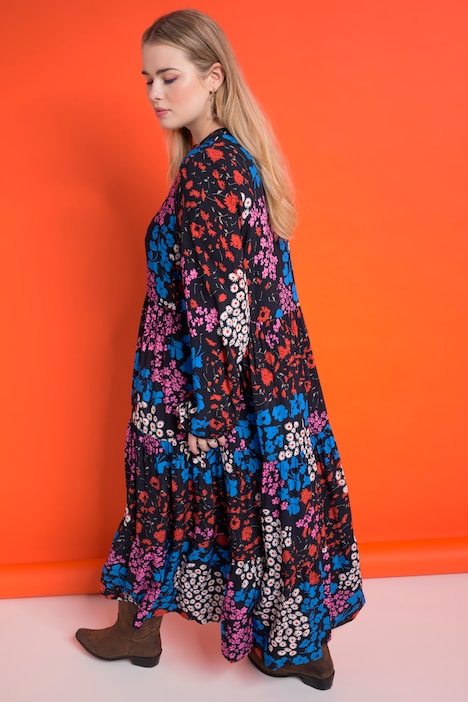Maxikleid, Flower-Print, Stehkragen, Volants, Langarm