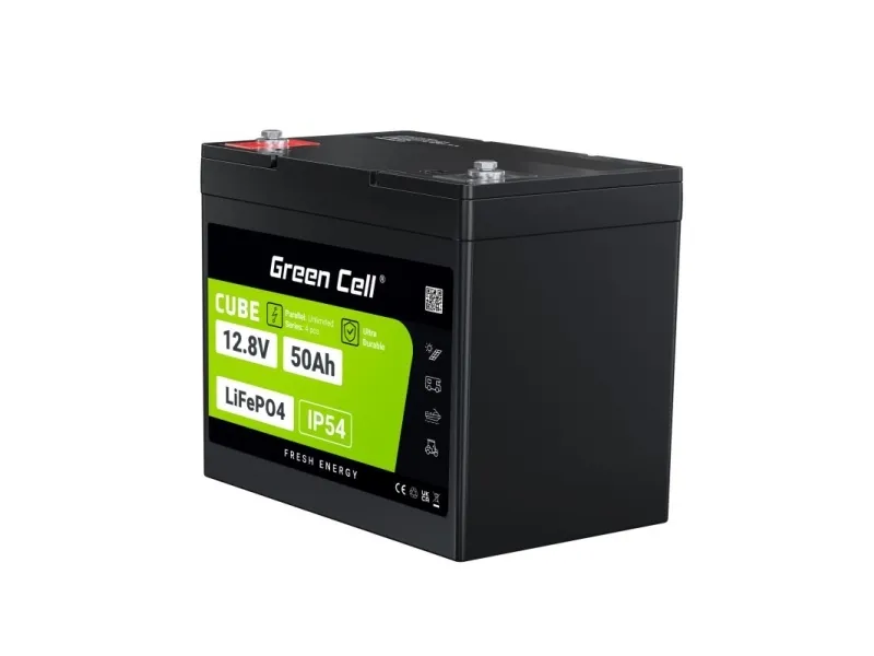 Green Cell LFPGC12V50AH, Lithium jern fosfat (LiFePO4), 12 V, Sort, Grøn, 50 At, 640 Wh, 75 A