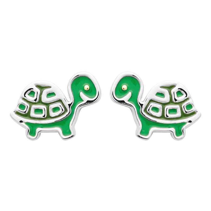 Boucles d'oreilles tortue émail coloré vert Argent 925 Rhodié