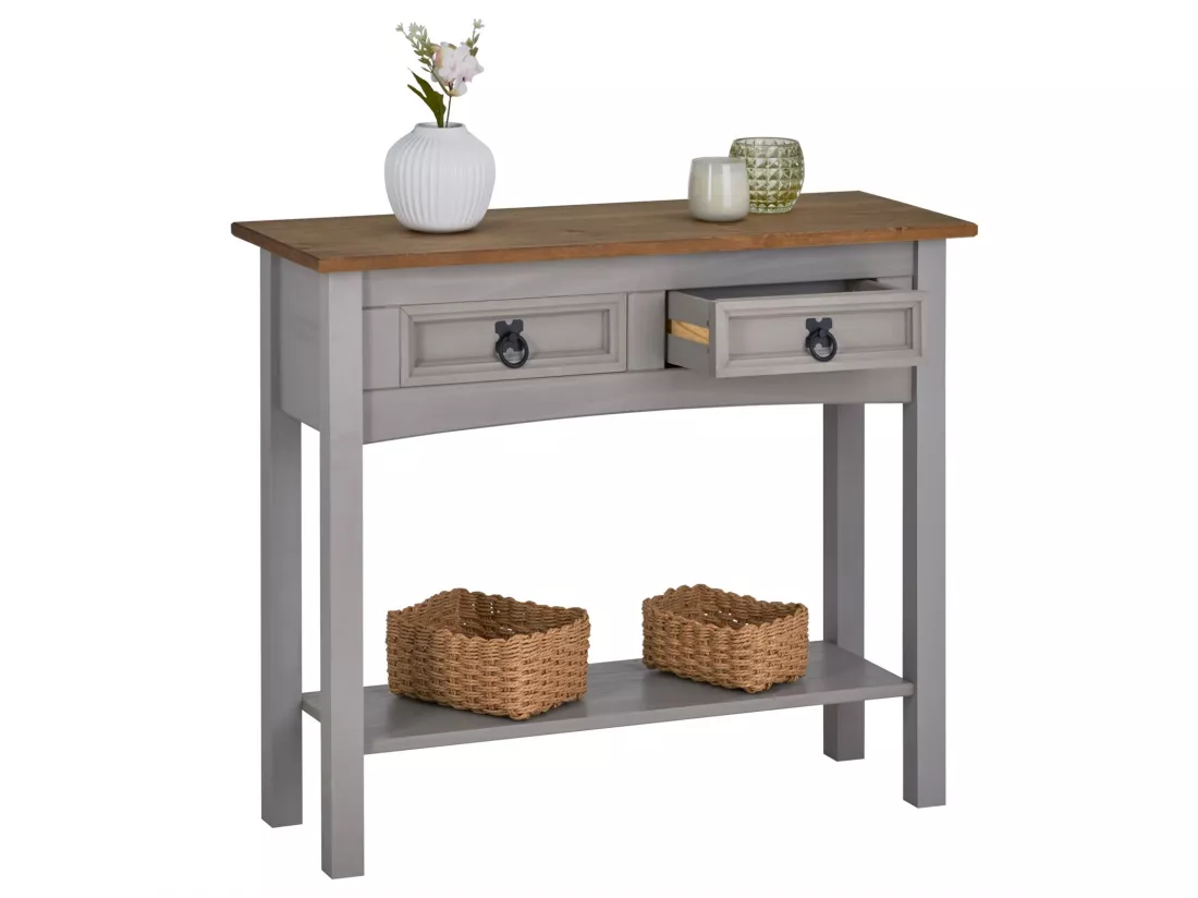 Table console RAMON table d'appoint rectangulaire en pin massif gris et brun avec 2 tiroirs, meuble d'entrée style mexicain en bois
